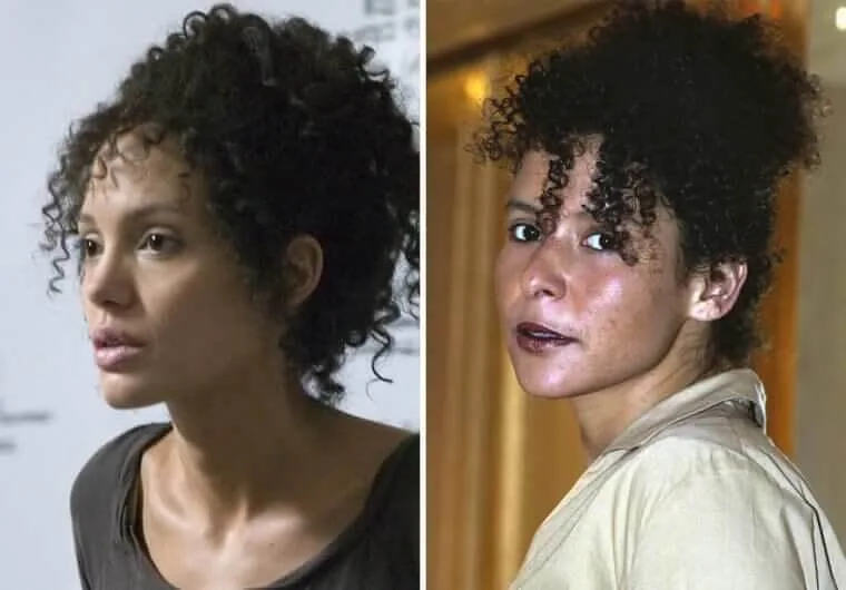 “Angelina Jolie portraying journalist Mariane Pearl beside a photo of the real Mariane Pearl.”