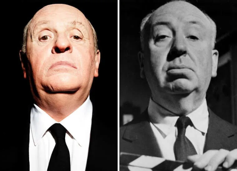 “Anthony Hopkins made up as Alfred Hitchcock in suit and bald cap next to the real Hitchcock.”