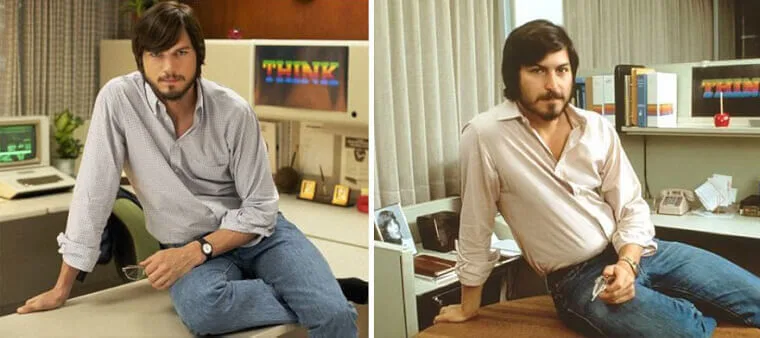 “Ashton Kutcher wearing Steve Jobs’s trademark black turtleneck and glasses beside the real Steve Jobs.”