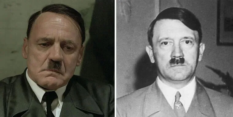 “Bruno Ganz portraying Adolf Hitler in military uniform beside a historical photo of Hitler.”