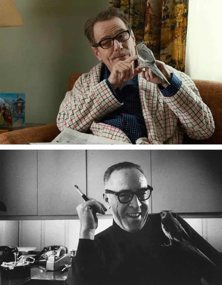 “Bryan Cranston dressed as writer Dalton Trumbo with glasses and pipe next to the real Trumbo.”