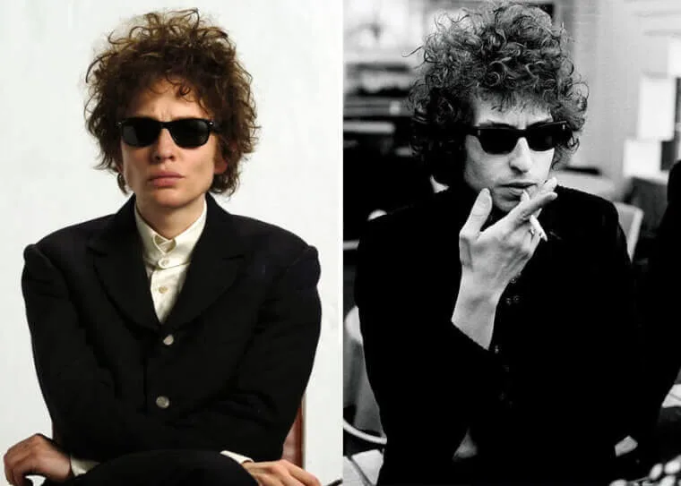 “Cate Blanchett as Bob Dylan in black-and-white 1960s attire beside a photo of the real Bob Dylan.”