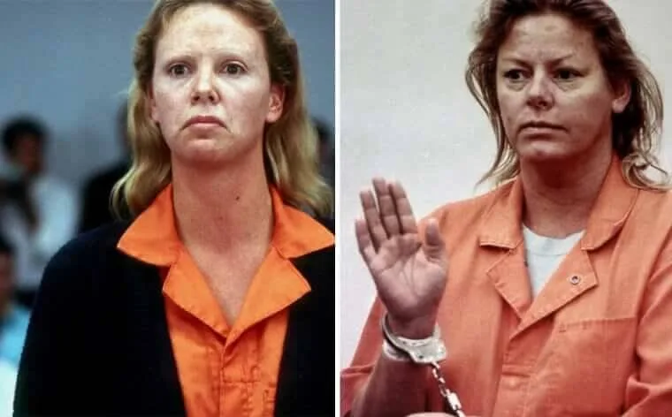 “Charlize Theron transformed as Aileen Wuornos with minimal makeup and rough appearance beside the real Wuornos.”