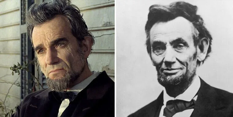 “Daniel Day-Lewis as Abraham Lincoln with iconic beard and suit shown next to the real Abraham Lincoln.”