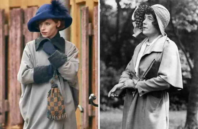 “Eddie Redmayne as Lili Elbe in 1920s attire next to a historical photo of Lili Elbe.”