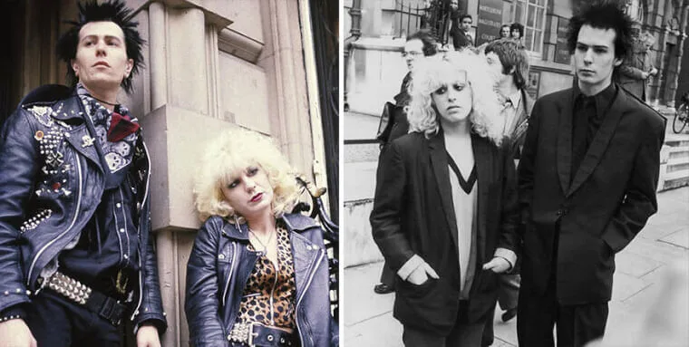 “Gary Oldman and Chloe Webb styled as Sid Vicious and Nancy Spungen beside photos of the real punk couple.”