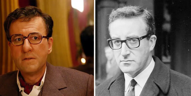 “Geoffrey Rush portraying Peter Sellers in character beside a photo of the real Peter Sellers.”