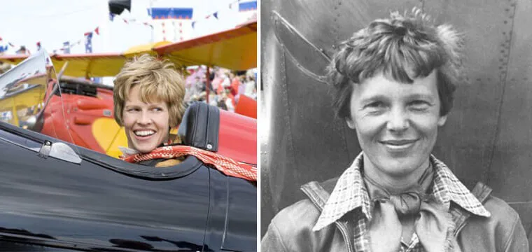 “Hilary Swank as Amelia Earhart wearing aviator gear next to a photo of the real Earhart.”