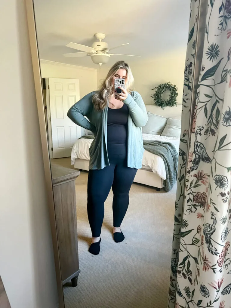 Comfortable plus size leggings styled with a long top for everyday wear