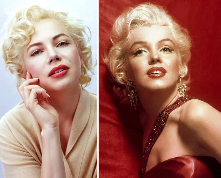 “Michelle Williams styled as Marilyn Monroe with blonde curls and glamorous dress beside the real Monroe.”