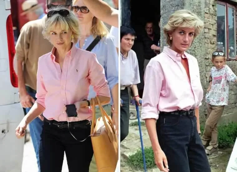 “Naomi Watts styled as Princess Diana with signature hairstyle beside a photo of the real Princess Diana.”
