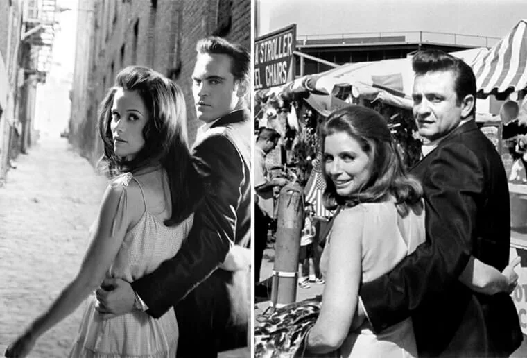 “Joaquin Phoenix and Reese Witherspoon portraying Johnny Cash and June Carter beside photos of the real singers.”