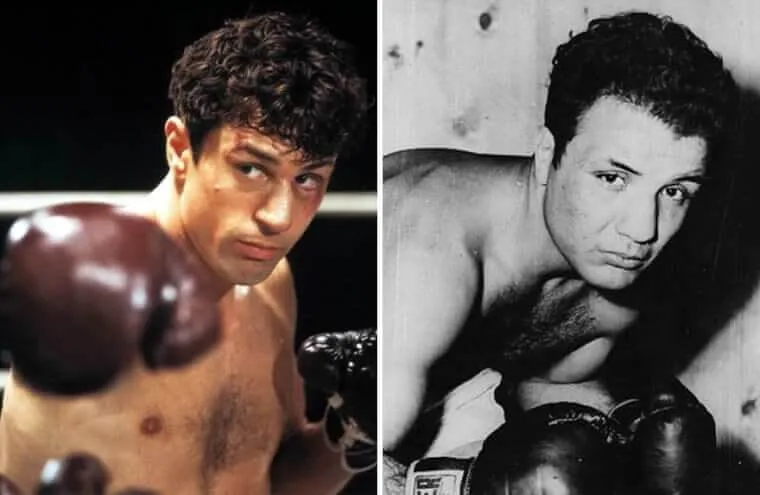 “Robert De Niro as Jake LaMotta in boxing gear compared to an image of the real boxer.”