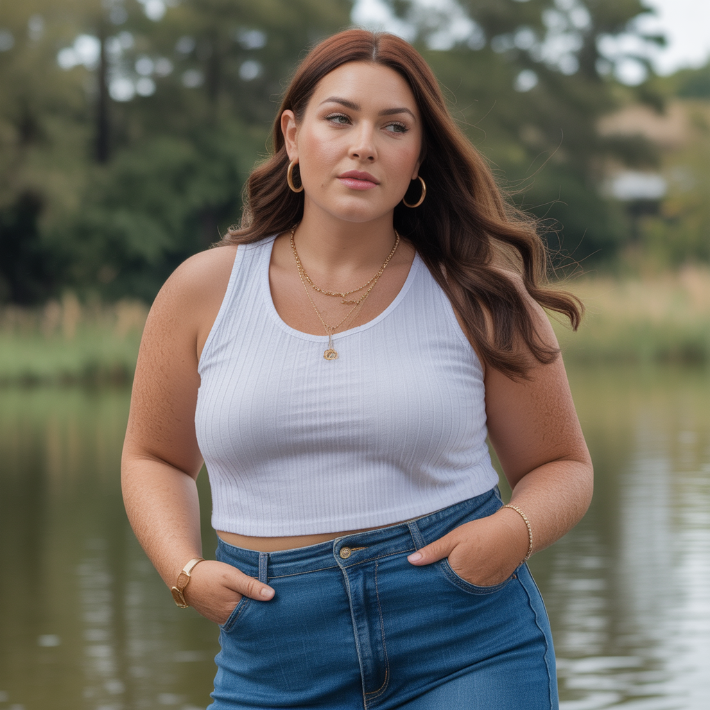 Plus size woman confidently wearing a sleeveless everyday outfit