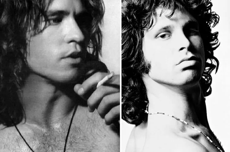“Val Kilmer as Jim Morrison with long hair and rockstar look shown beside the real Jim Morrison.”